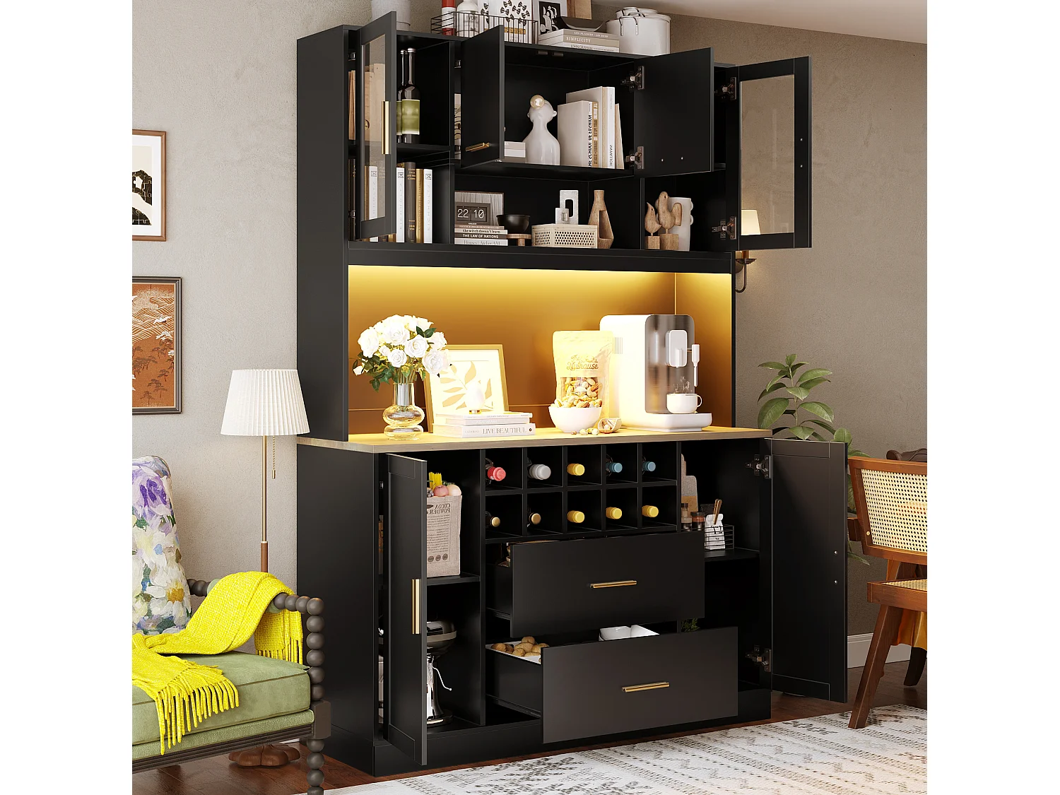 Modernes Küchen-Sideboard – 120 x 36,3 x 180 cm – mit LED-Beleuchtung, Steckdose, 6 Türen und 2 Schubladen – schwarz