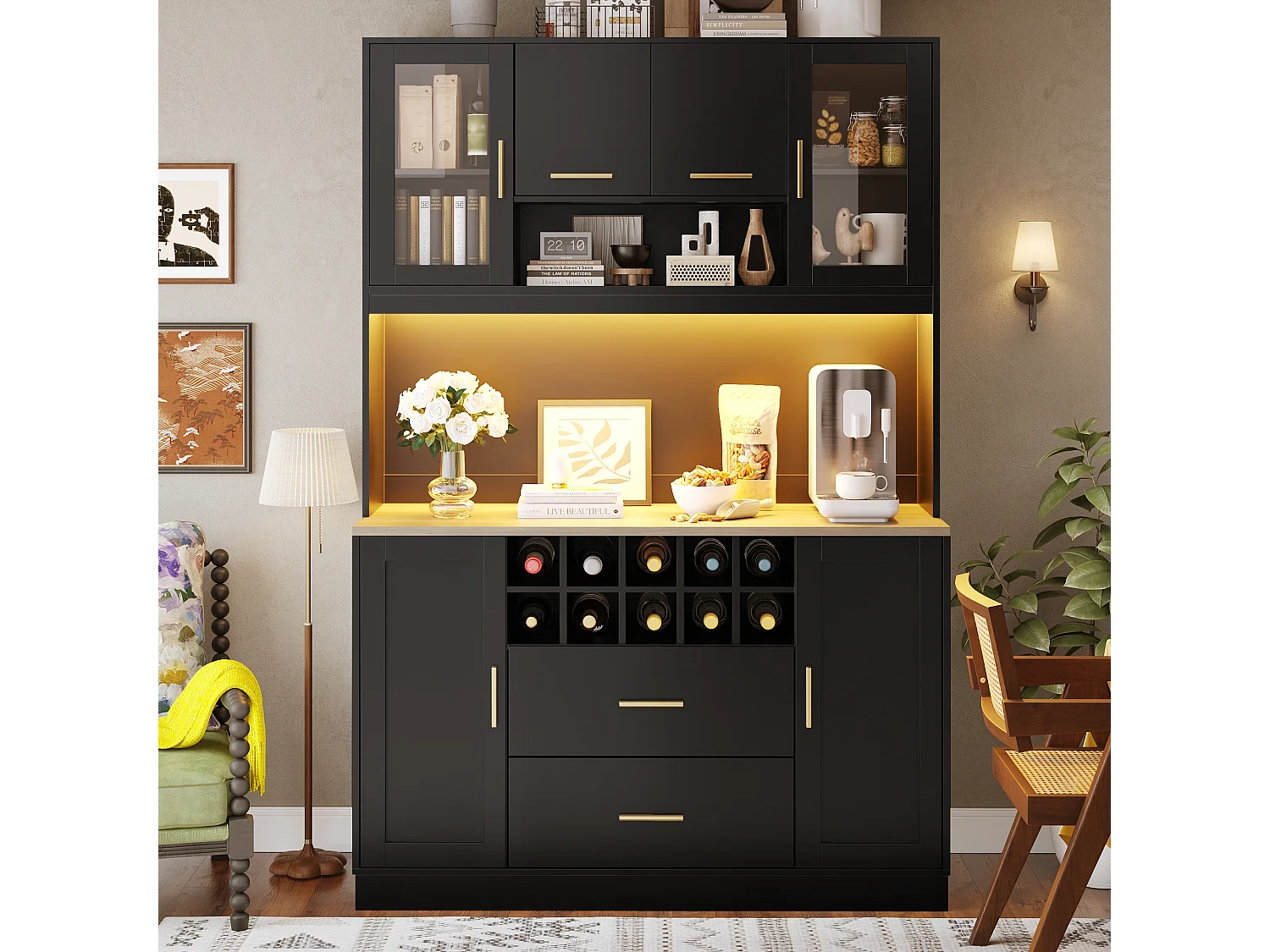 Modernes Küchen-Sideboard – 120 x 36,3 x 180 cm – mit LED-Beleuchtung, Steckdose, 6 Türen und 2 Schubladen – schwarz
