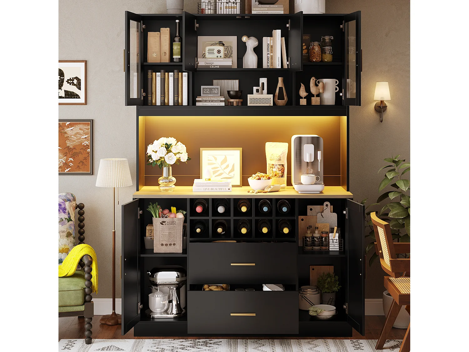 Modernes Küchen-Sideboard – 120 x 36,3 x 180 cm – mit LED-Beleuchtung, Steckdose, 6 Türen und 2 Schubladen – schwarz