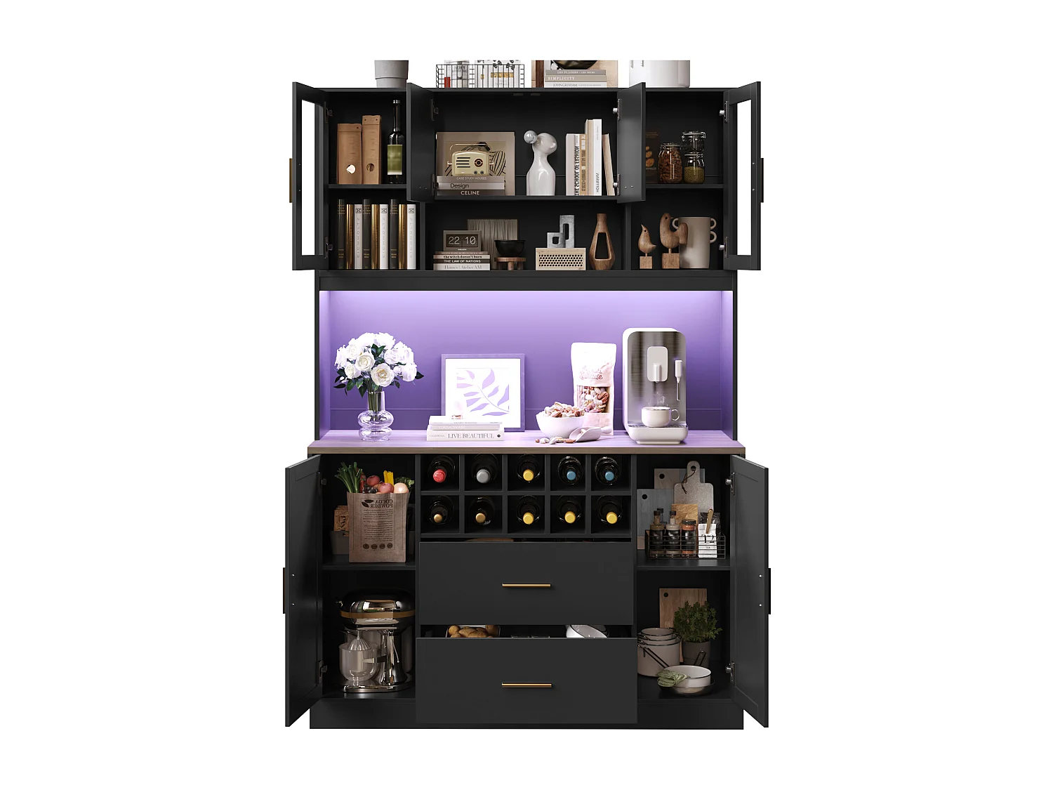 Modernes Küchen-Sideboard – 120 x 36,3 x 180 cm – mit LED-Beleuchtung, Steckdose, 6 Türen und 2 Schubladen – schwarz