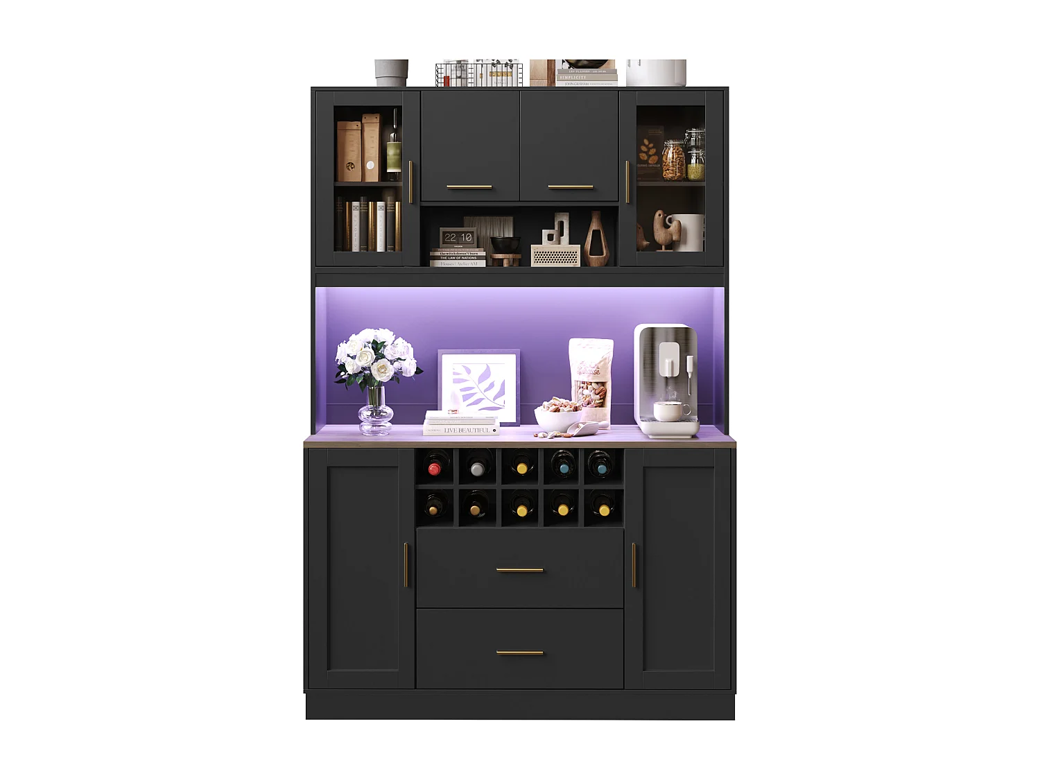 Modernes Küchen-Sideboard – 120 x 36,3 x 180 cm – mit LED-Beleuchtung, Steckdose, 6 Türen und 2 Schubladen – schwarz
