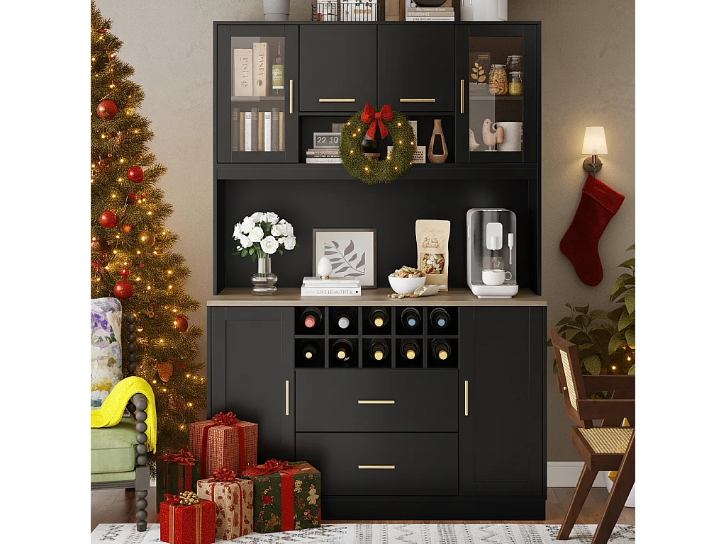 Buffet de cuisine moderne - 120 x 36.3 x 180 cm - avec Leds + prise + 6 portes + 2 tiroirs - noir