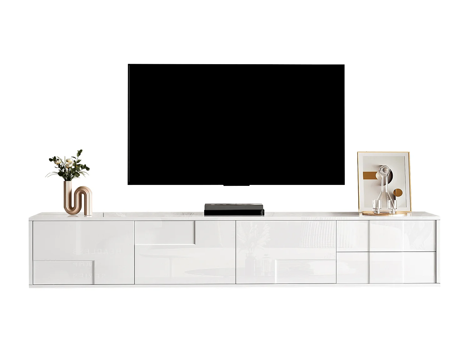 Hochglanzlackierter TV-Ständer – 170 x 30 x 30,5 cm – mit 3 Türen und 2 Schubladen – zur Wandmontage oder freistehend – MDF + Spanplatte – weiß