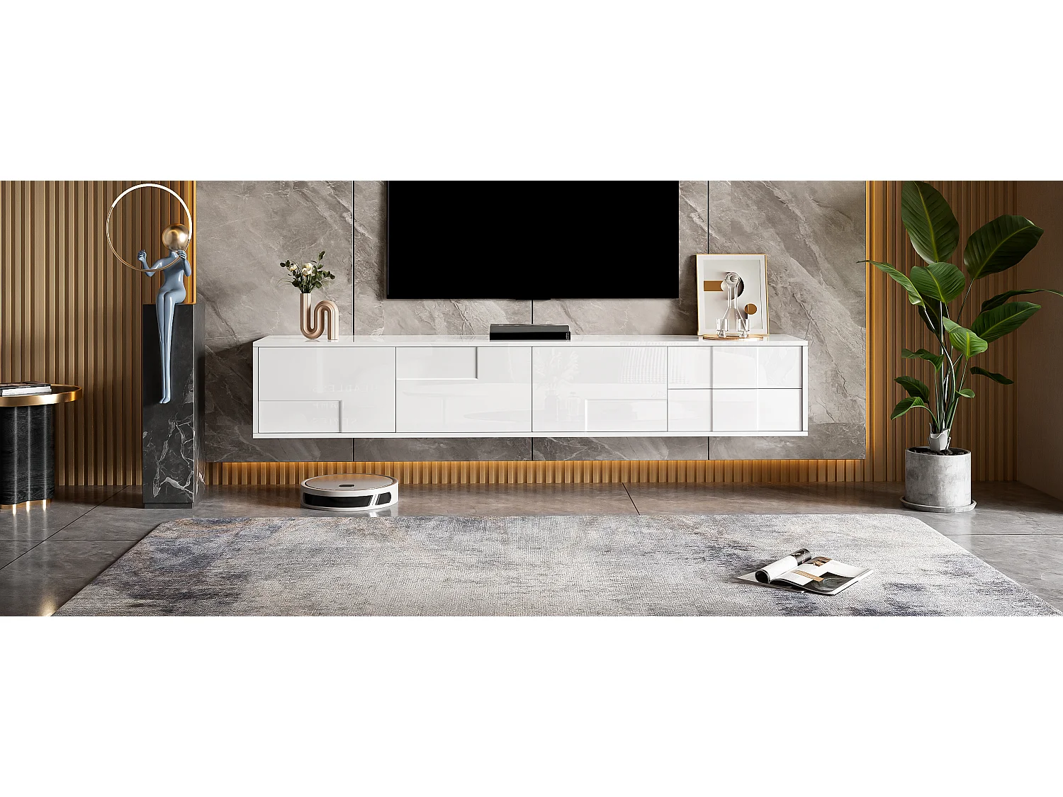Hochglanzlackierter TV-Ständer – 170 x 30 x 30,5 cm – mit 3 Türen und 2 Schubladen – zur Wandmontage oder freistehend – MDF + Spanplatte – weiß