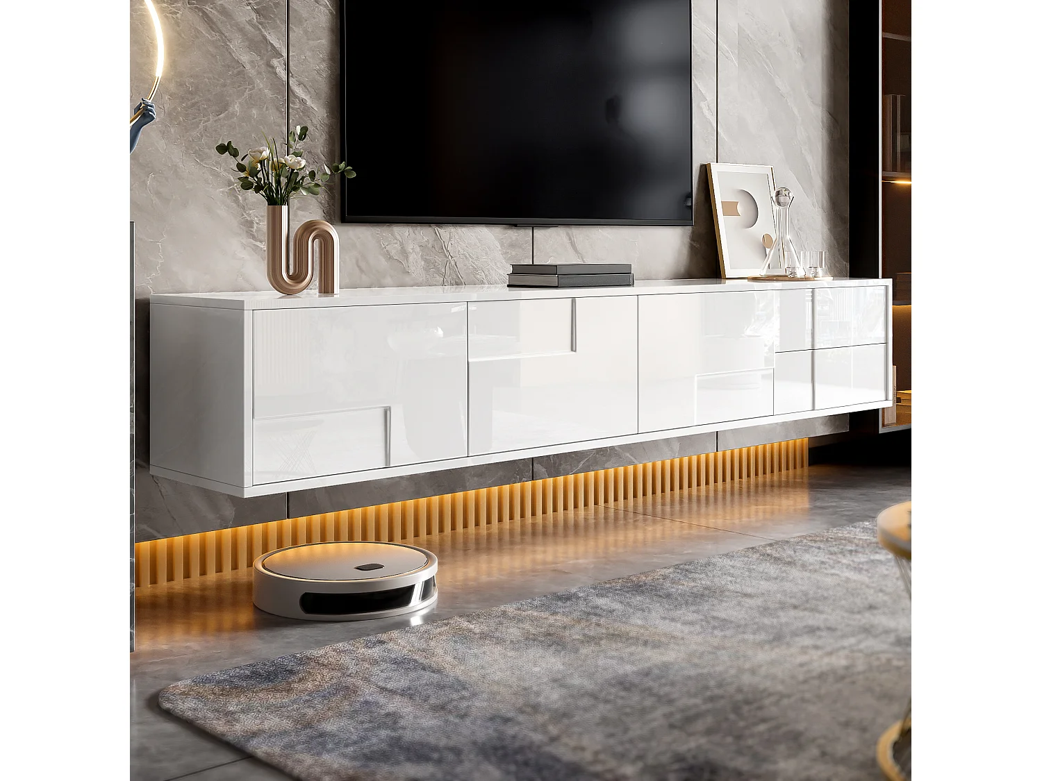 Hochglanzlackierter TV-Ständer – 170 x 30 x 30,5 cm – mit 3 Türen und 2 Schubladen – zur Wandmontage oder freistehend – MDF + Spanplatte – weiß