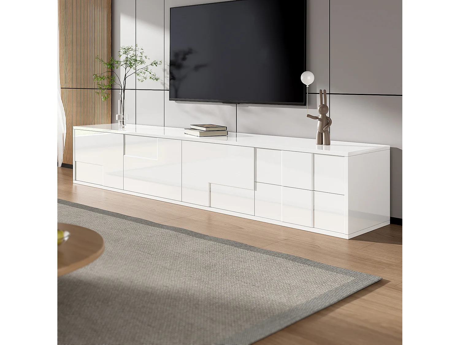 Hochglanzlackierter TV-Ständer – 170 x 30 x 30,5 cm – mit 3 Türen und 2 Schubladen – zur Wandmontage oder freistehend – MDF + Spanplatte – weiß