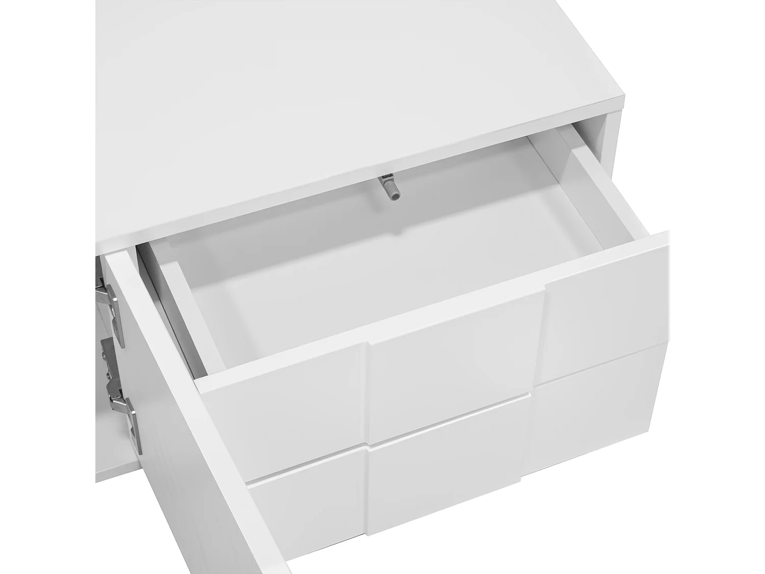 Hochglanzlackierter TV-Ständer – 170 x 30 x 30,5 cm – mit 3 Türen und 2 Schubladen – zur Wandmontage oder freistehend – MDF + Spanplatte – weiß