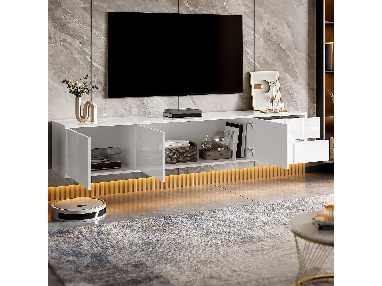 Meuble TV laquée brillante - 170 x 30 x 30.5 cm - avec 3 portes et 2 tiroirs - suspendu ou posé - MDF + aggloméré - blanc