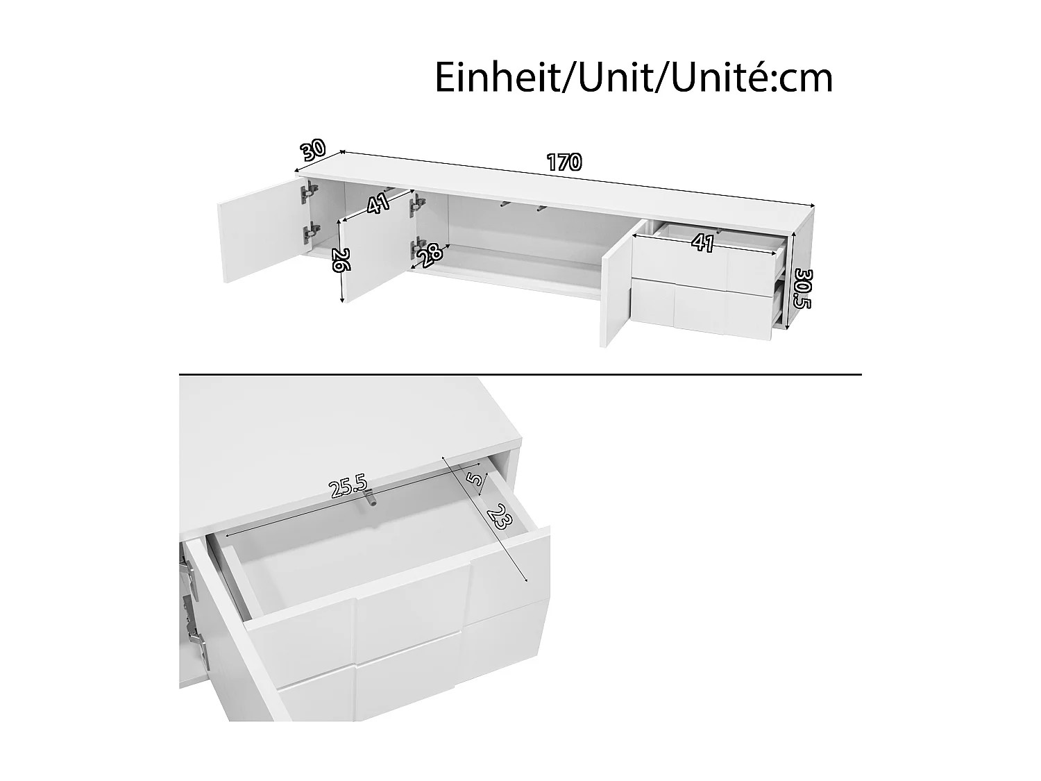 Meuble TV laquée brillante - 170 x 30 x 30.5 cm - avec 3 portes et 2 tiroirs - suspendu ou posé - MDF + aggloméré - blanc