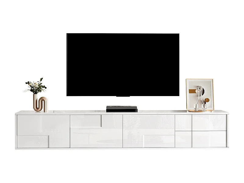 Hochglanzlackierter TV-Ständer – 170 x 30 x 30,5 cm – mit 3 Türen und 2 Schubladen – zur Wandmontage oder freistehend – MDF + Spanplatte – weiß