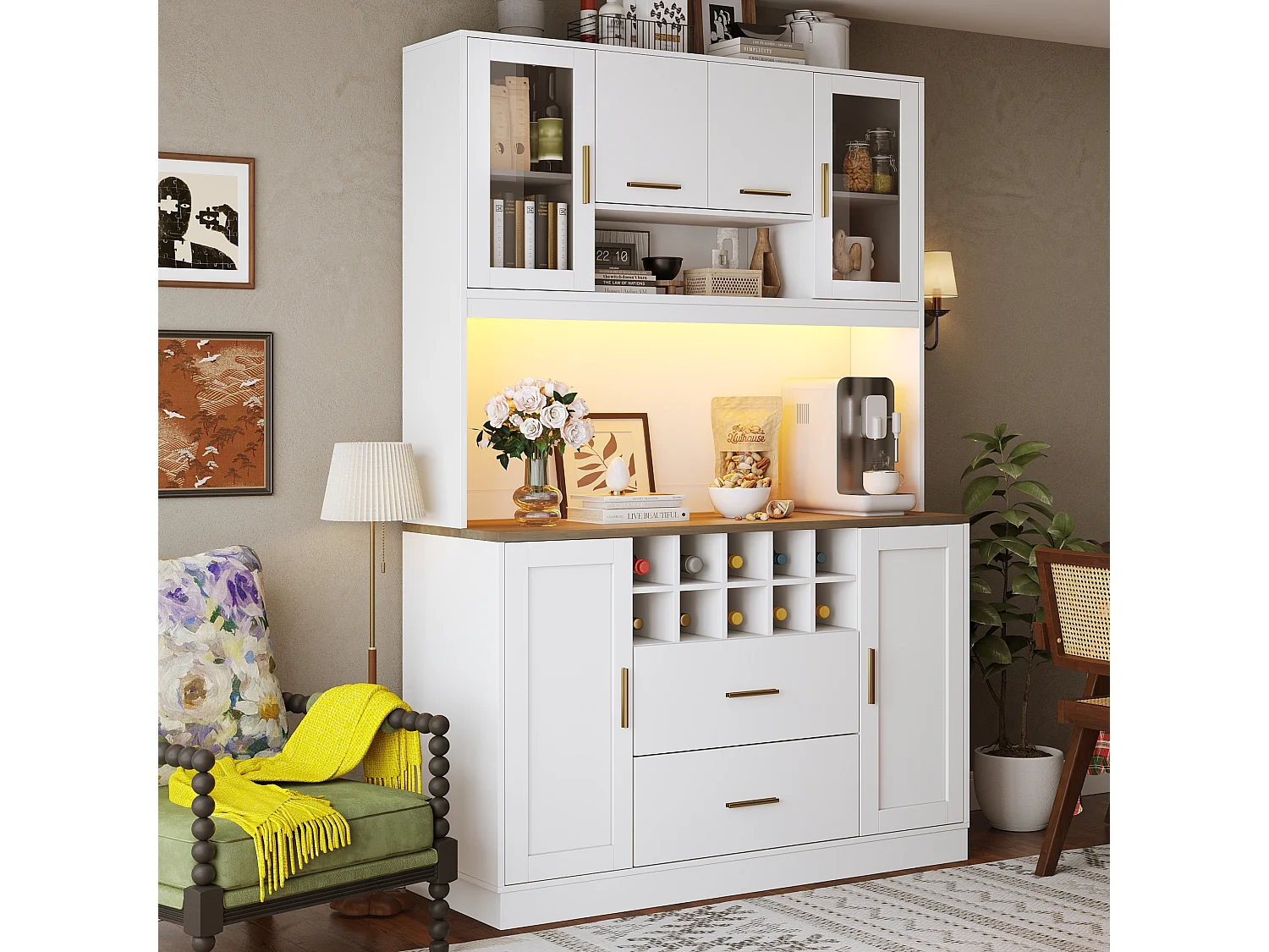 Modernes Küchen-Sideboard – 120 x 36,3 x 180 cm – mit LED-Beleuchtung, Steckdose, 6 Türen und 2 Schubladen – weiß