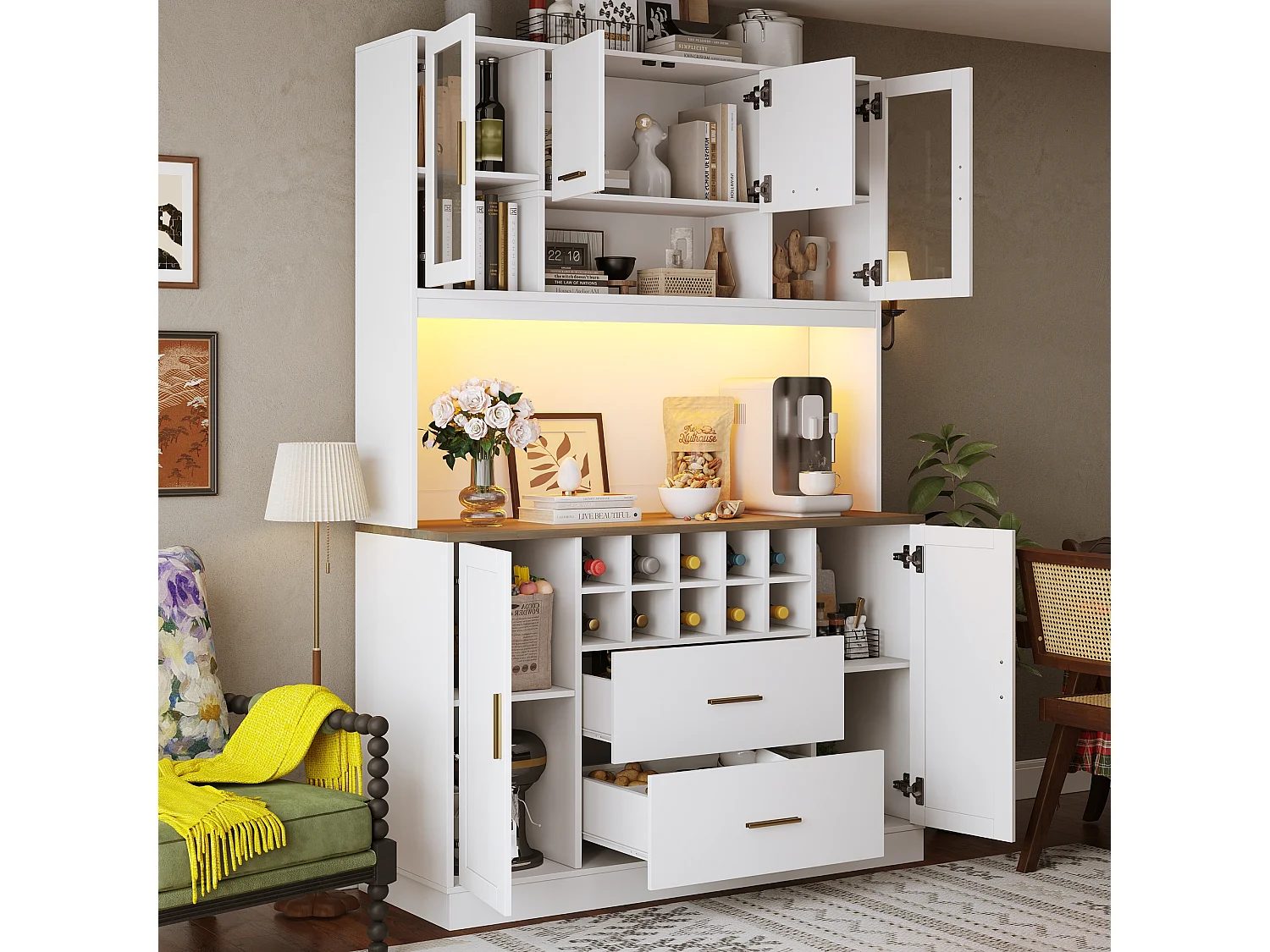 Modernes Küchen-Sideboard – 120 x 36,3 x 180 cm – mit LED-Beleuchtung, Steckdose, 6 Türen und 2 Schubladen – weiß