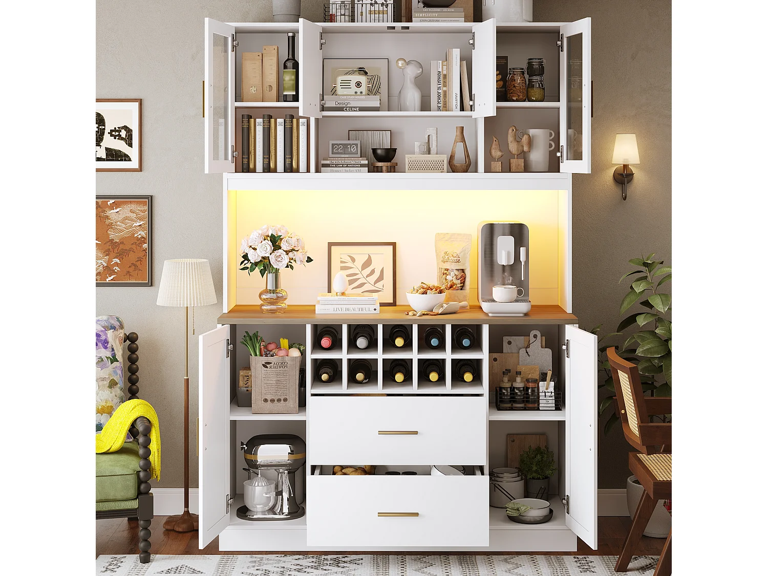 Modernes Küchen-Sideboard – 120 x 36,3 x 180 cm – mit LED-Beleuchtung, Steckdose, 6 Türen und 2 Schubladen – weiß