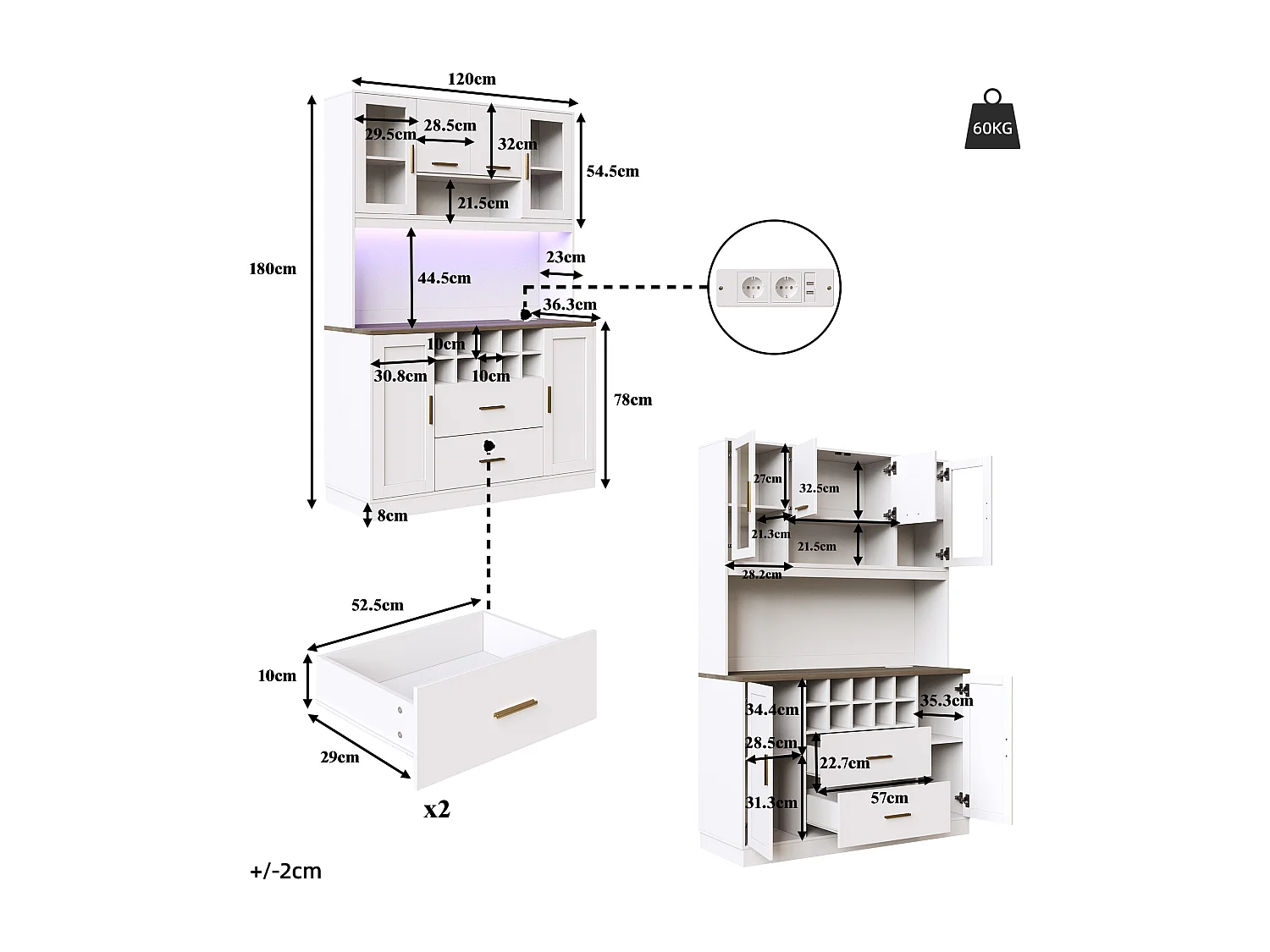Modernes Küchen-Sideboard – 120 x 36,3 x 180 cm – mit LED-Beleuchtung, Steckdose, 6 Türen und 2 Schubladen – weiß