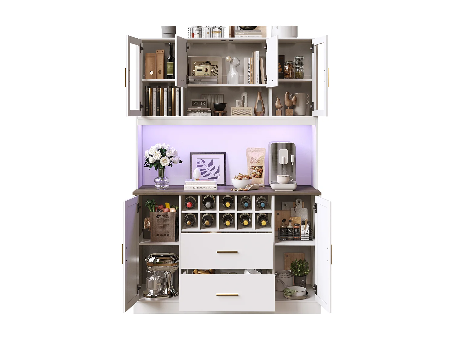 Modernes Küchen-Sideboard – 120 x 36,3 x 180 cm – mit LED-Beleuchtung, Steckdose, 6 Türen und 2 Schubladen – weiß