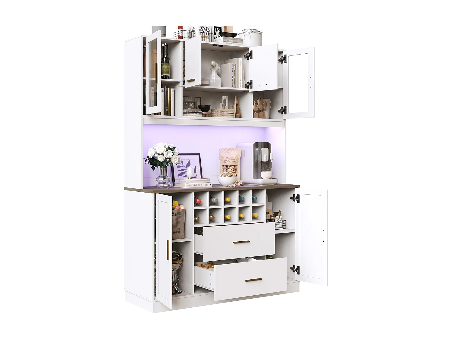 Modernes Küchen-Sideboard – 120 x 36,3 x 180 cm – mit LED-Beleuchtung, Steckdose, 6 Türen und 2 Schubladen – weiß