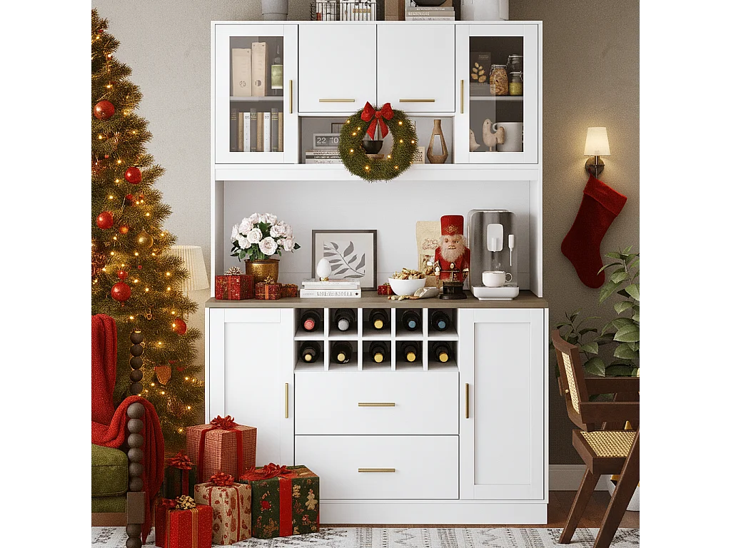 Buffet de cuisine moderne - 120 x 36.3 x 180 cm - avec Leds + prise + 6 portes + 2 tiroirs - blanc