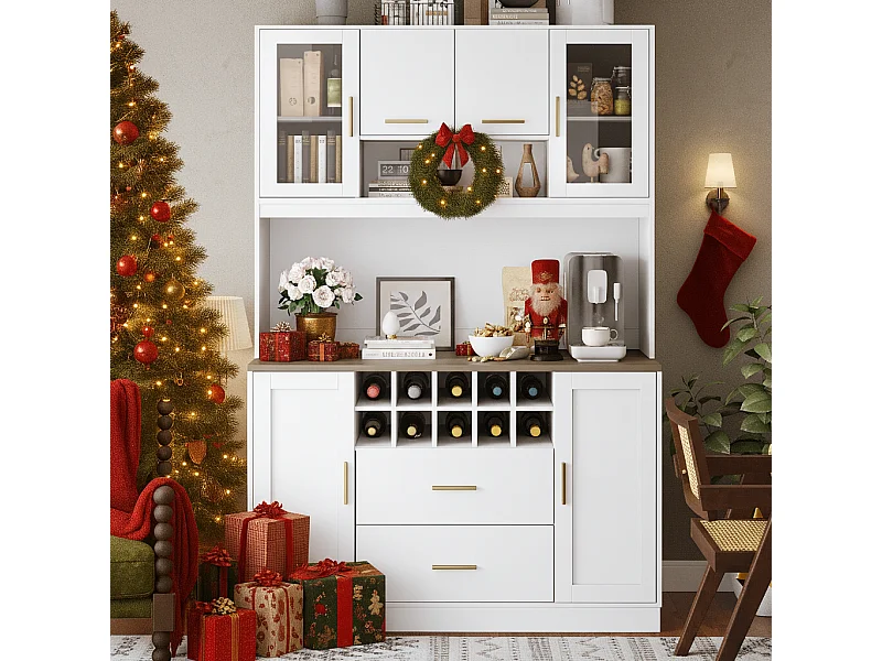 Buffet de cuisine moderne - 120 x 36.3 x 180 cm - avec Leds + prise + 6 portes + 2 tiroirs - blanc