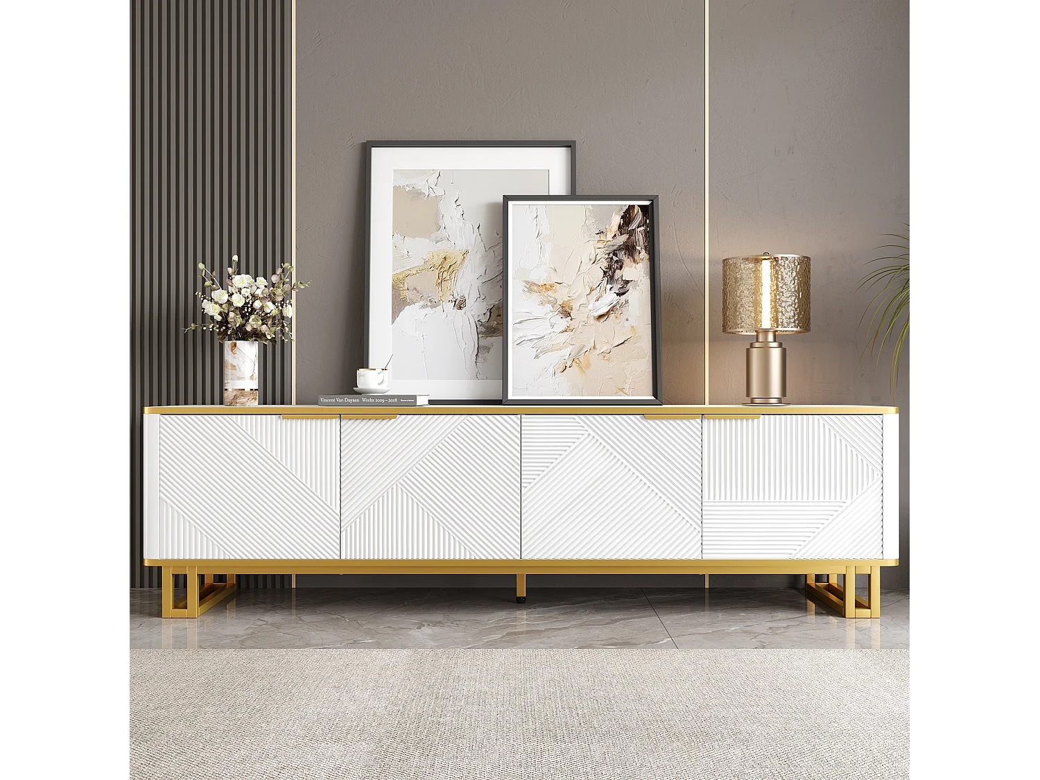 Geometrischer TV-Ständer mit 4 Türen – 160 x 37,5 x 48 cm – einzigartiges Design – MDF – weiß