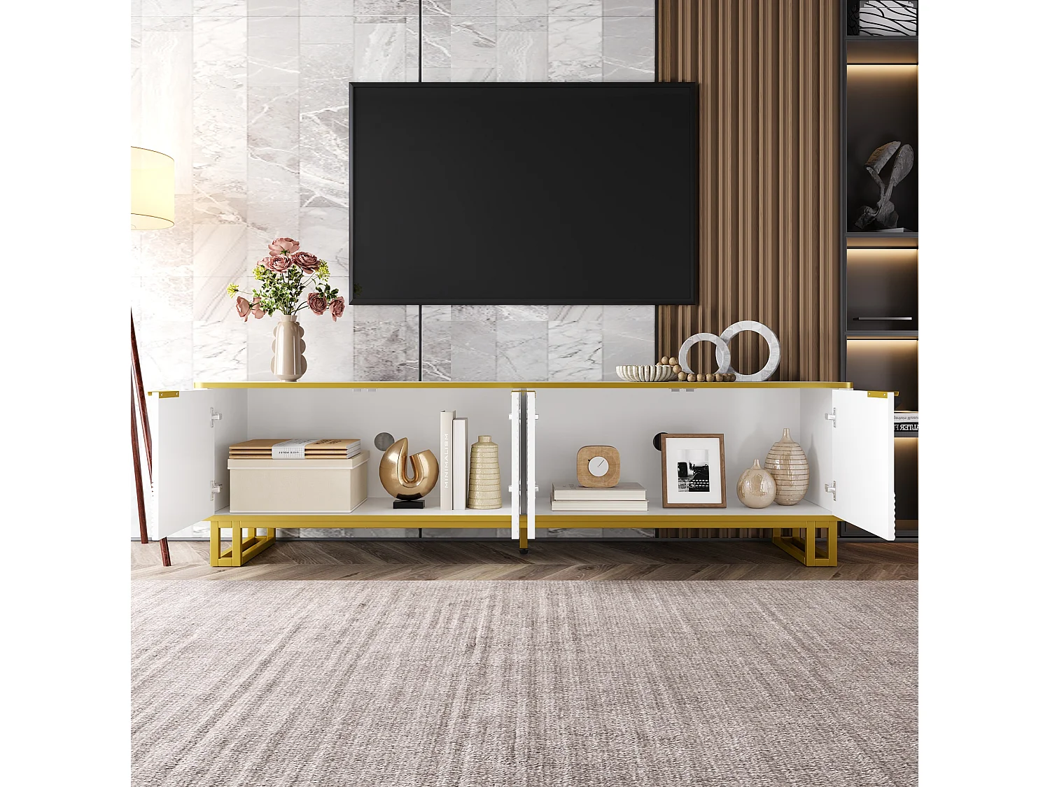 Geometrischer TV-Ständer mit 4 Türen – 160 x 37,5 x 48 cm – einzigartiges Design – MDF – weiß