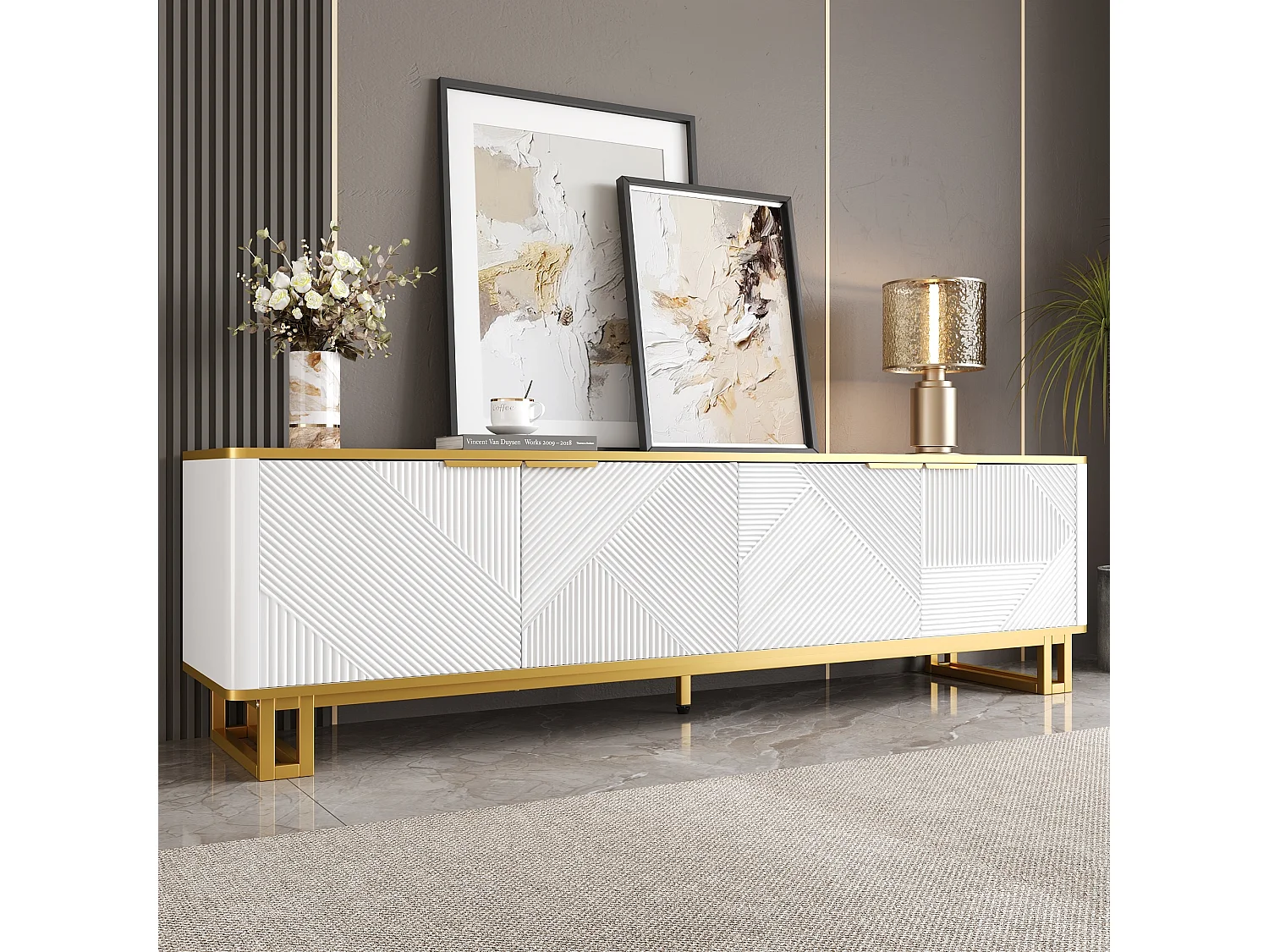 Geometrischer TV-Ständer mit 4 Türen – 160 x 37,5 x 48 cm – einzigartiges Design – MDF – weiß