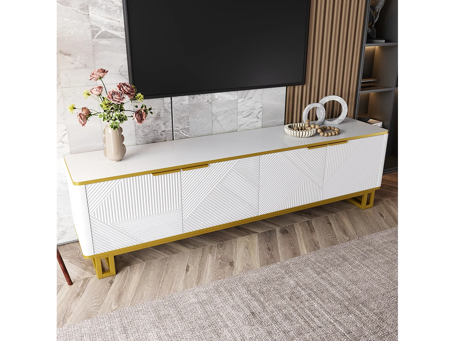 Geometrischer TV-Ständer mit 4 Türen – 160 x 37,5 x 48 cm – einzigartiges Design – MDF – weiß