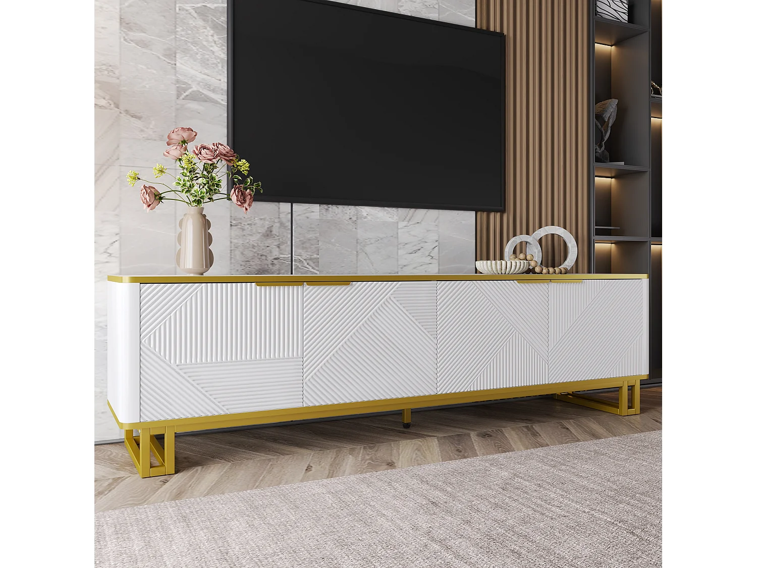 Geometrischer TV-Ständer mit 4 Türen – 160 x 37,5 x 48 cm – einzigartiges Design – MDF – weiß