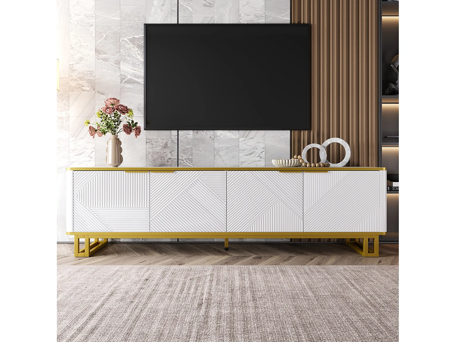 Geometrischer TV-Ständer mit 4 Türen – 160 x 37,5 x 48 cm – einzigartiges Design – MDF – weiß