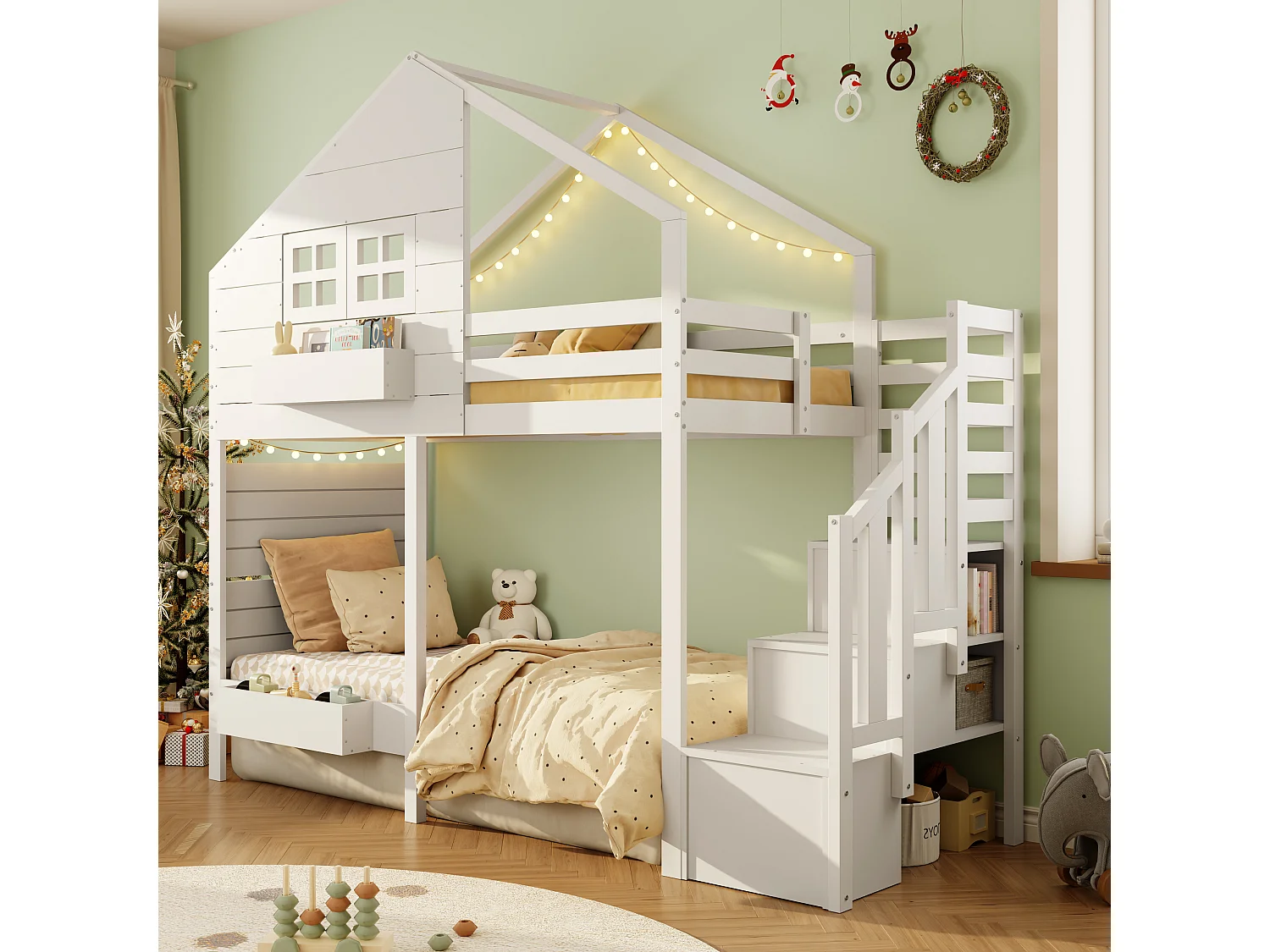 Lit mezzanine enfant - 90 x 200 cm - avec escalier de rangement + fenêtre - bois massif - blanc