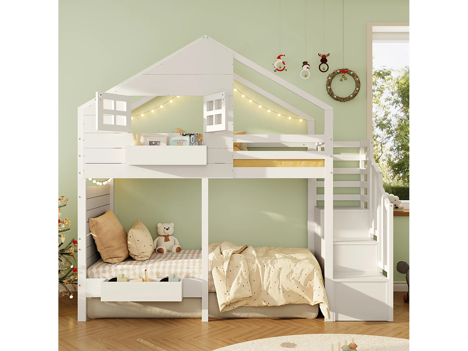 Lit mezzanine enfant - 90 x 200 cm - avec escalier de rangement + fenêtre - bois massif - blanc