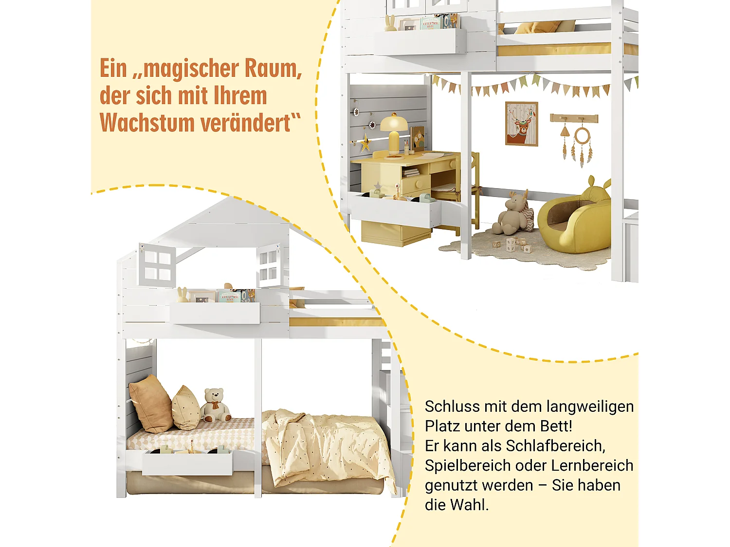 Lit mezzanine enfant - 90 x 200 cm - avec escalier de rangement + fenêtre - bois massif - blanc