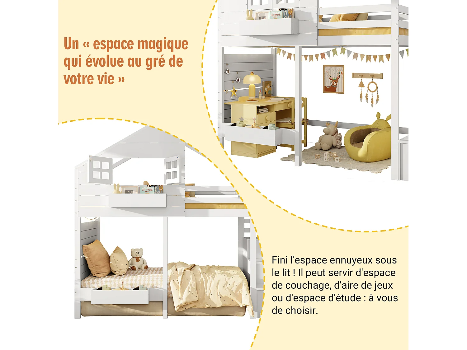 Lit mezzanine enfant - 90 x 200 cm - avec escalier de rangement + fenêtre - bois massif - blanc