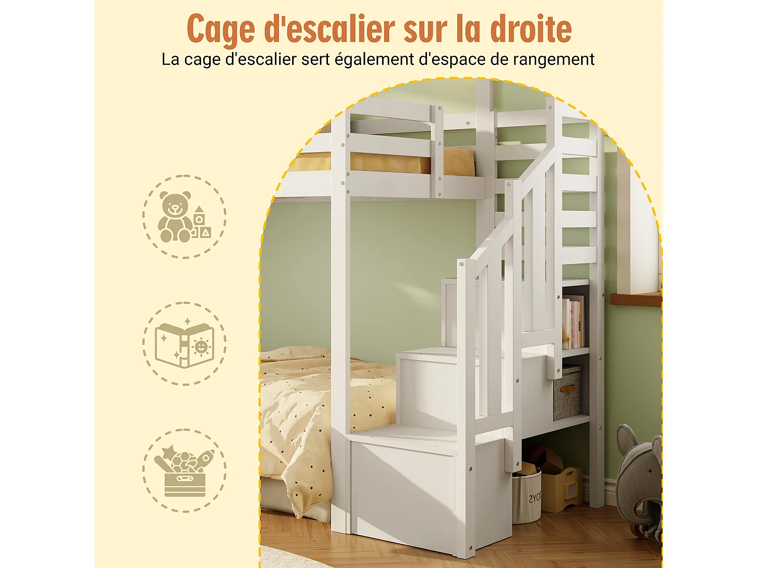 Lit mezzanine enfant - 90 x 200 cm - avec escalier de rangement + fenêtre - bois massif - blanc