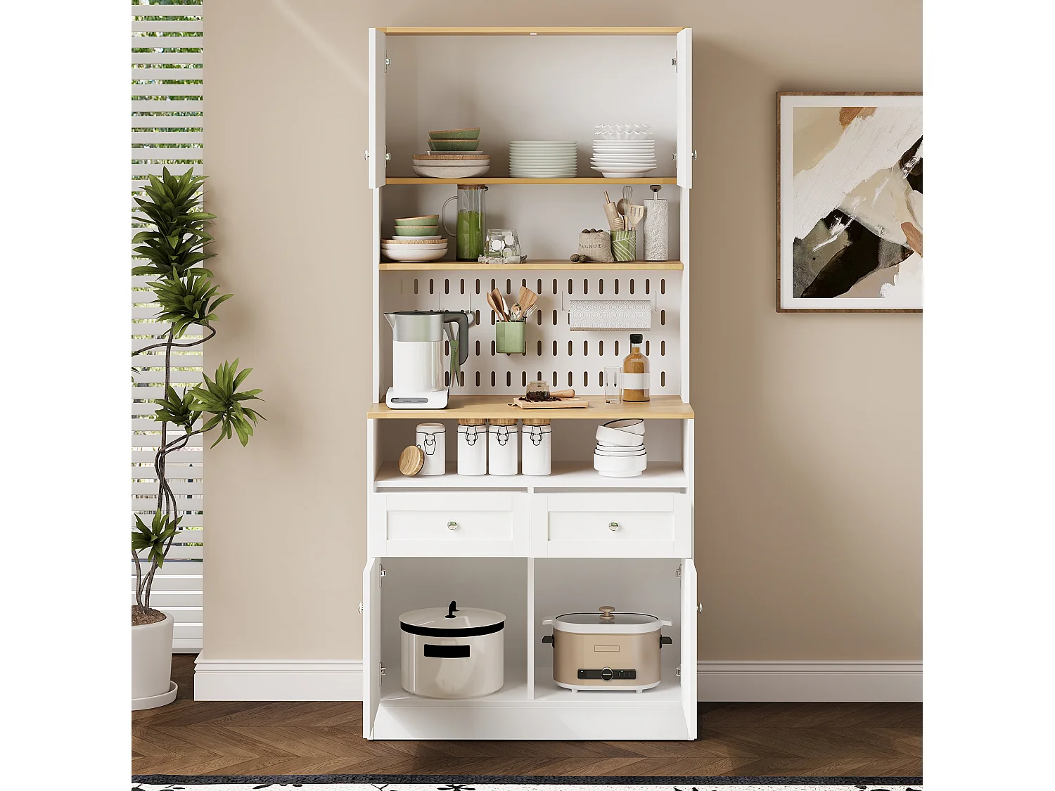 Buffet haut de cuisine - 80 x 40 x 175 cm - avec 2 tiroirs + 4 portes + étagère - MDF + aggloméré - blanc