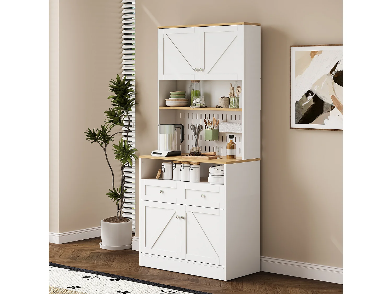 Buffet haut de cuisine - 80 x 40 x 175 cm - avec 2 tiroirs + 4 portes + étagère - MDF + aggloméré - blanc