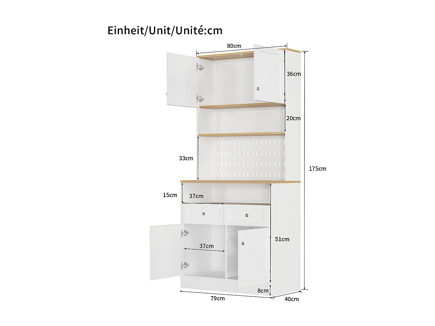 Buffet haut de cuisine - 80 x 40 x 175 cm - avec 2 tiroirs + 4 portes + étagère - MDF + aggloméré - blanc