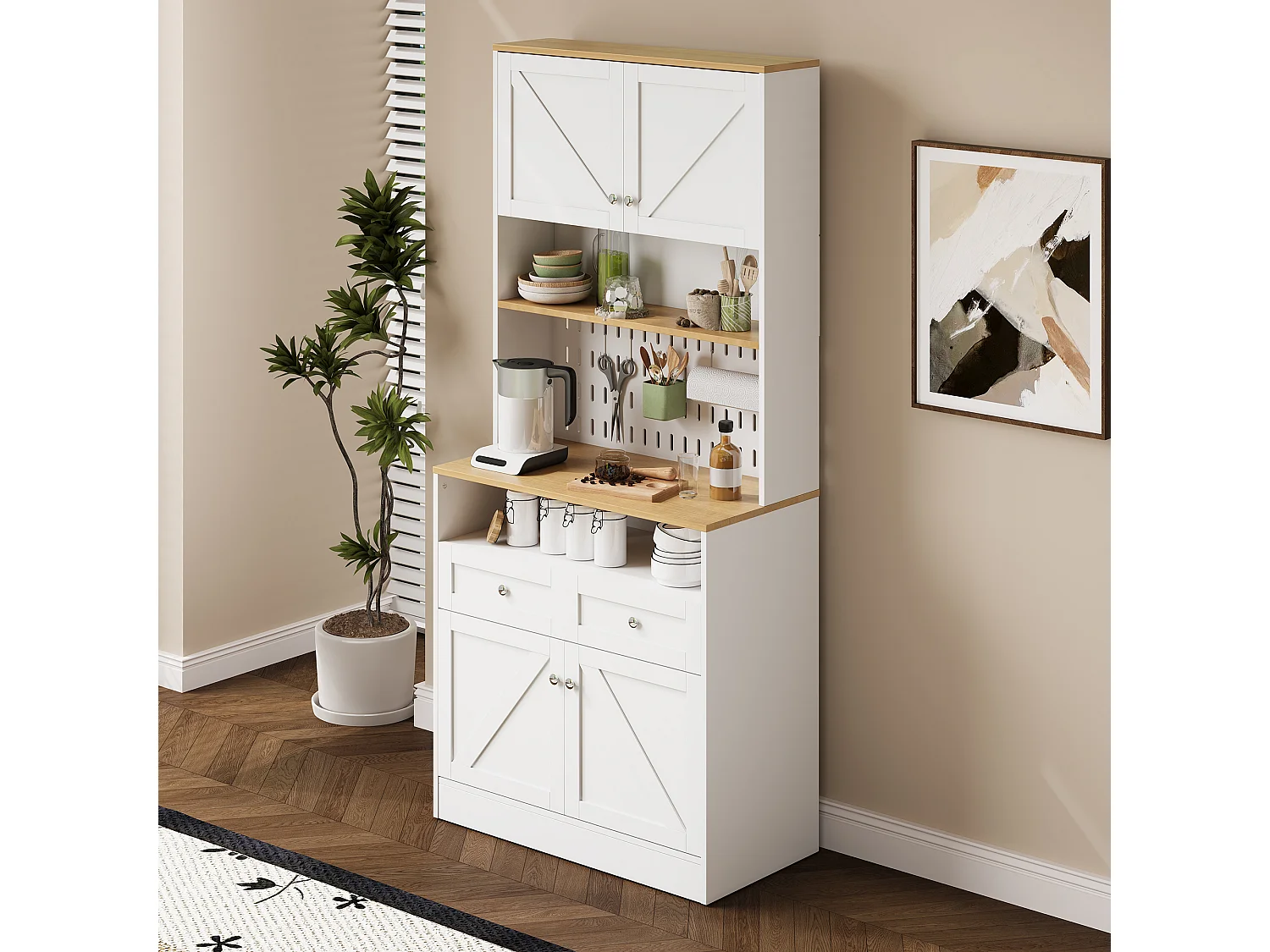 Buffet haut de cuisine - 80 x 40 x 175 cm - avec 2 tiroirs + 4 portes + étagère - MDF + aggloméré - blanc
