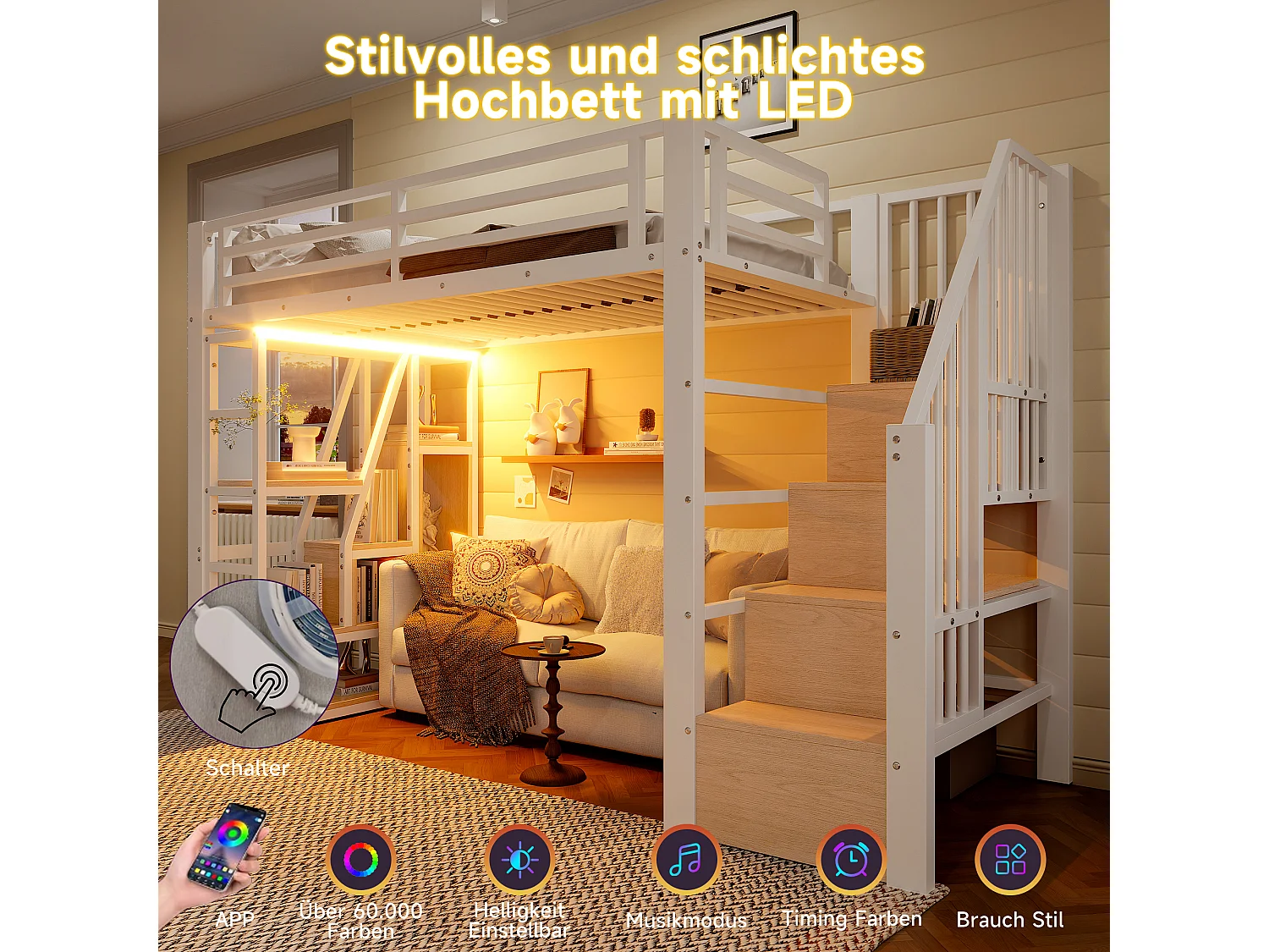 Lit mezzanine enfant - 90 x 200 cm - structure en fer - avec escalier et étagère de rangement + Leds - MDF + métal - blanc