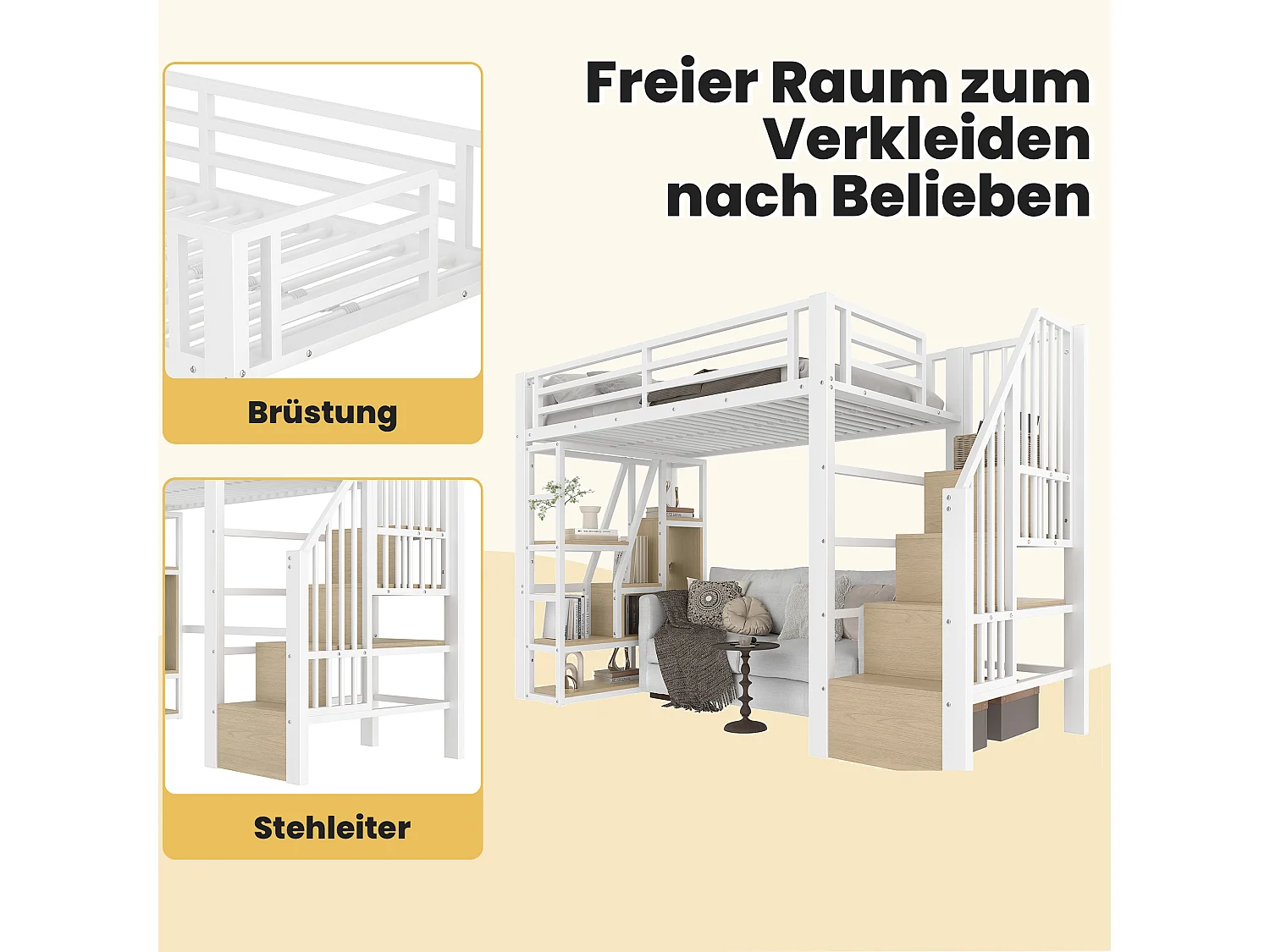 Lit mezzanine enfant - 90 x 200 cm - structure en fer - avec escalier et étagère de rangement + Leds - MDF + métal - blanc