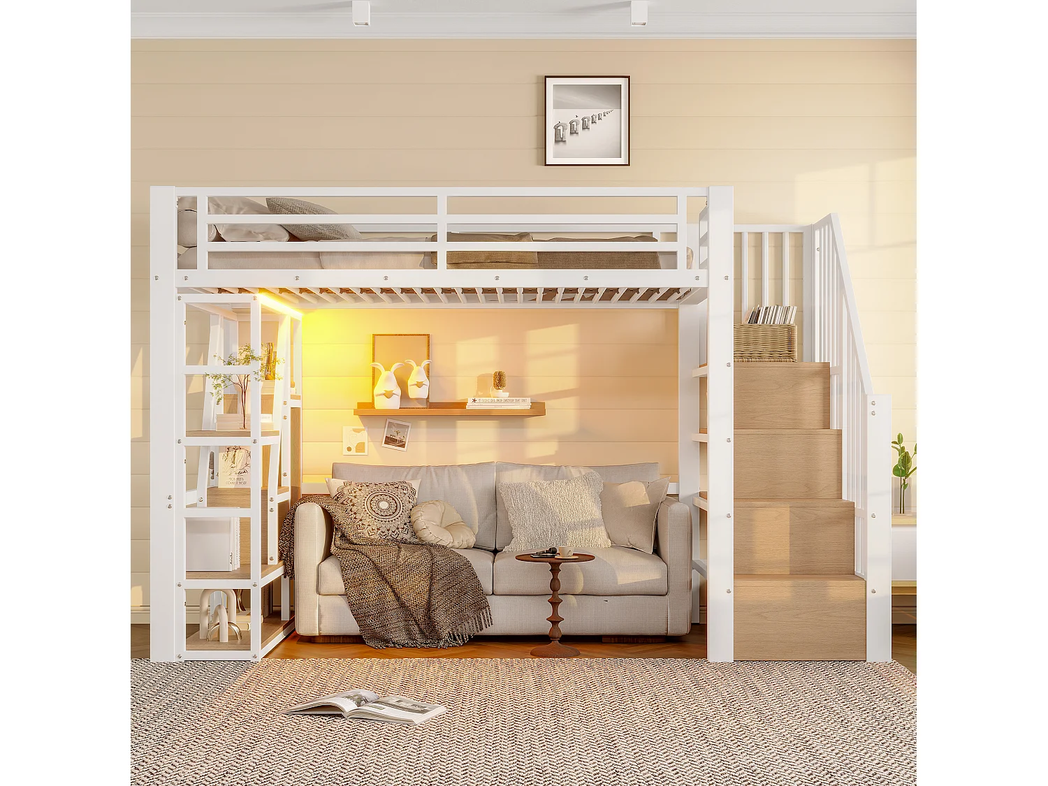 Lit mezzanine enfant - 90 x 200 cm - structure en fer - avec escalier et étagère de rangement + Leds - MDF + métal - blanc