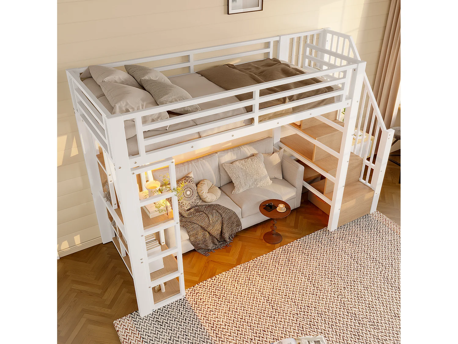 Lit mezzanine enfant - 90 x 200 cm - structure en fer - avec escalier et étagère de rangement + Leds - MDF + métal - blanc