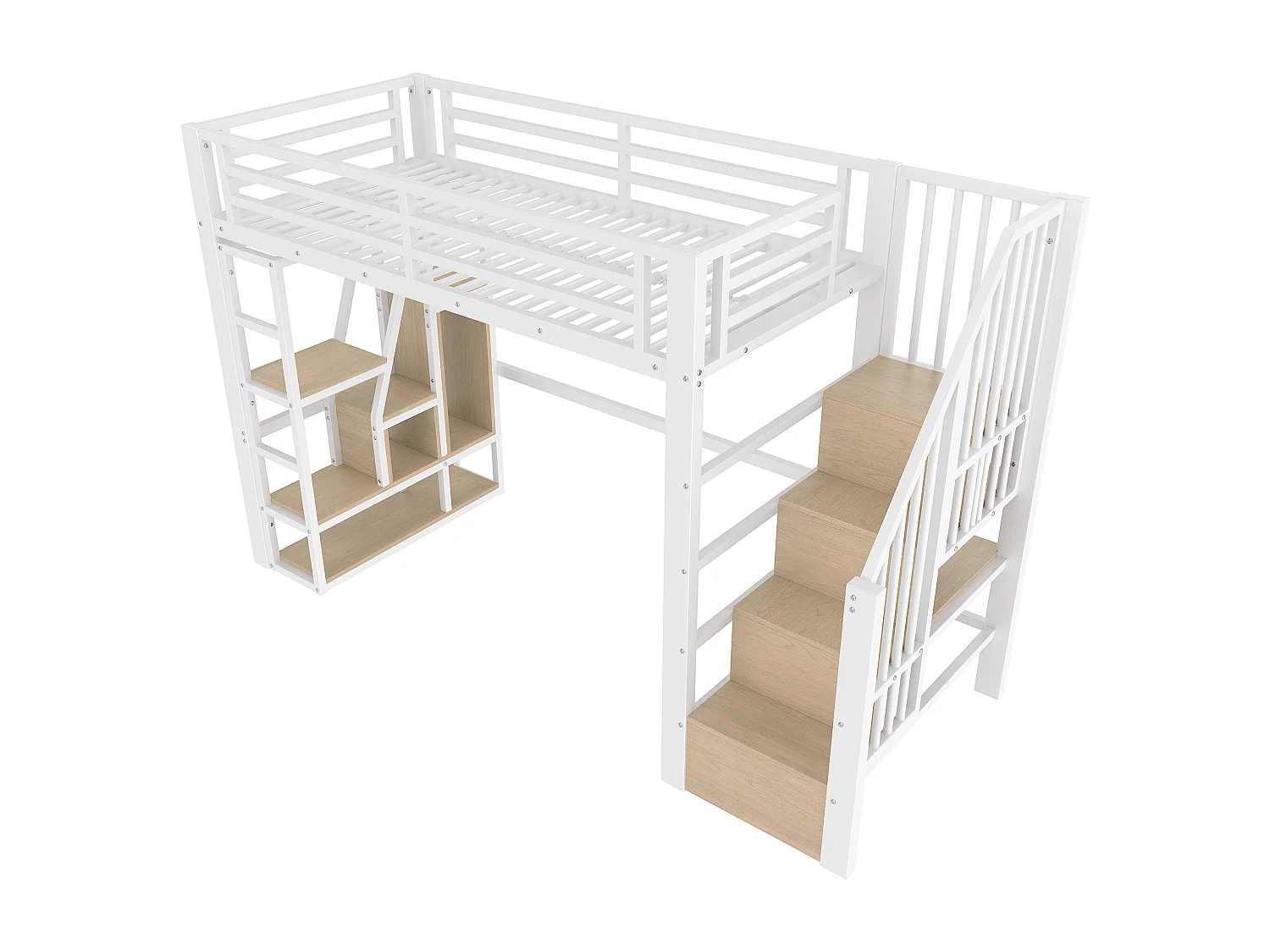 Lit mezzanine enfant - 90 x 200 cm - structure en fer - avec escalier et étagère de rangement + Leds - MDF + métal - blanc