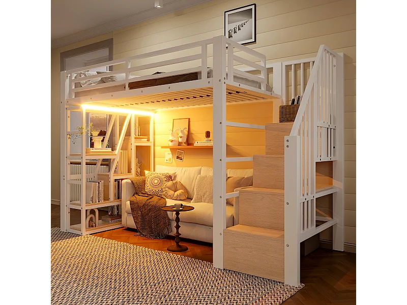 Lit mezzanine enfant - 90 x 200 cm - structure en fer - avec escalier et étagère de rangement + Leds - MDF + métal - blanc