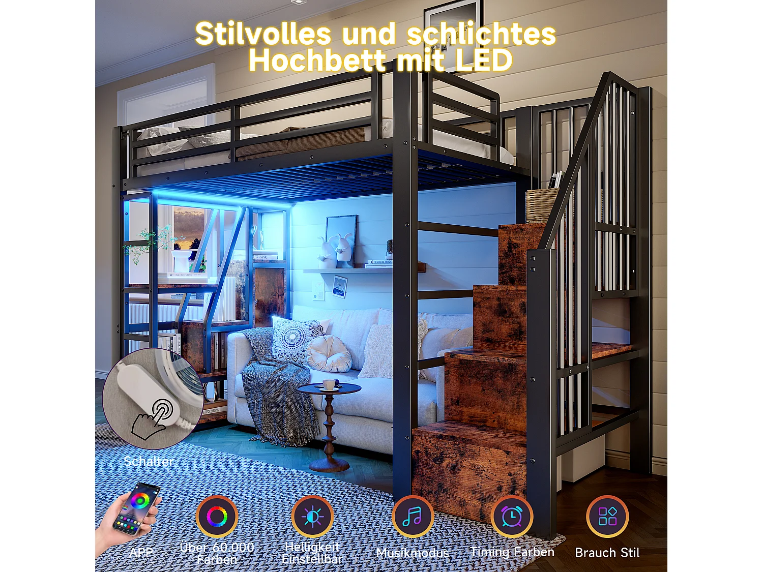 Lit mezzanine enfant - 90 x 200 cm - structure en fer - avec escalier et étagère de rangement + Leds - MDF + métal - noir