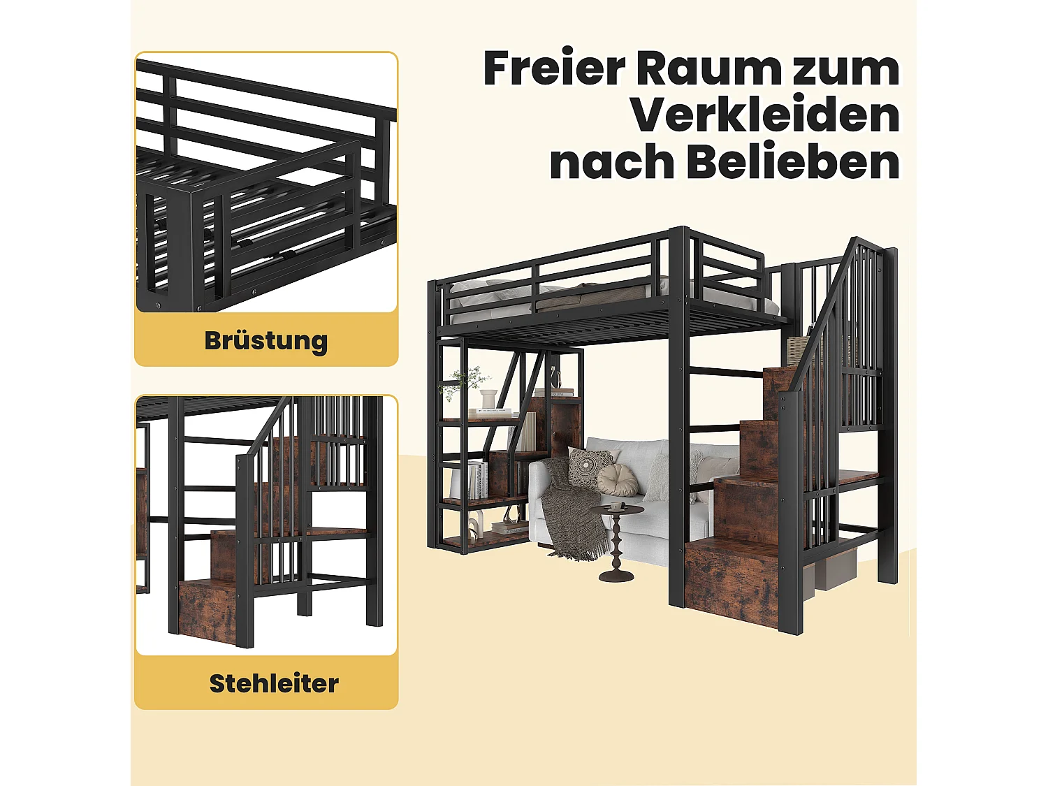 Lit mezzanine enfant - 90 x 200 cm - structure en fer - avec escalier et étagère de rangement + Leds - MDF + métal - noir