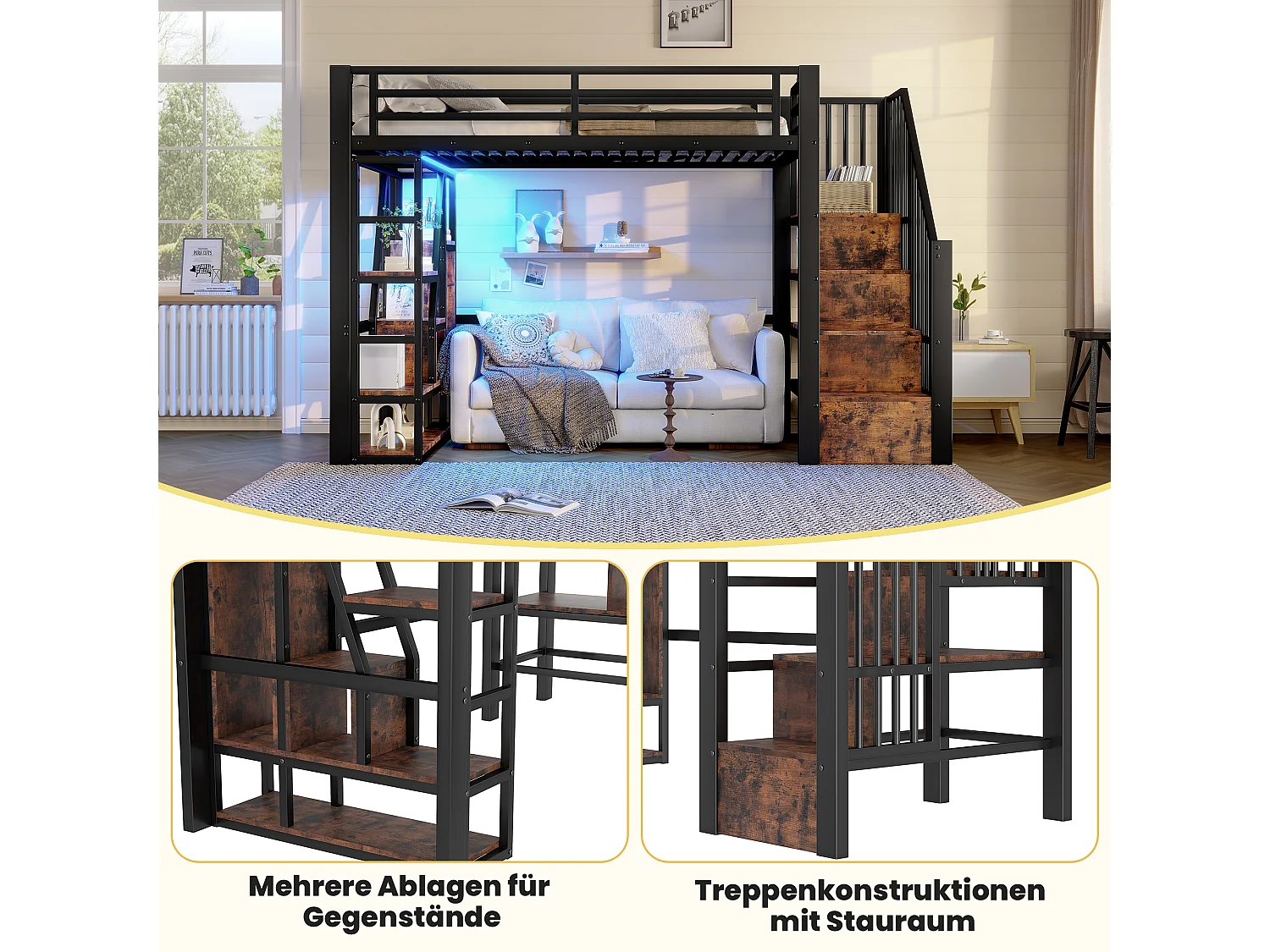 Lit mezzanine enfant - 90 x 200 cm - structure en fer - avec escalier et étagère de rangement + Leds - MDF + métal - noir