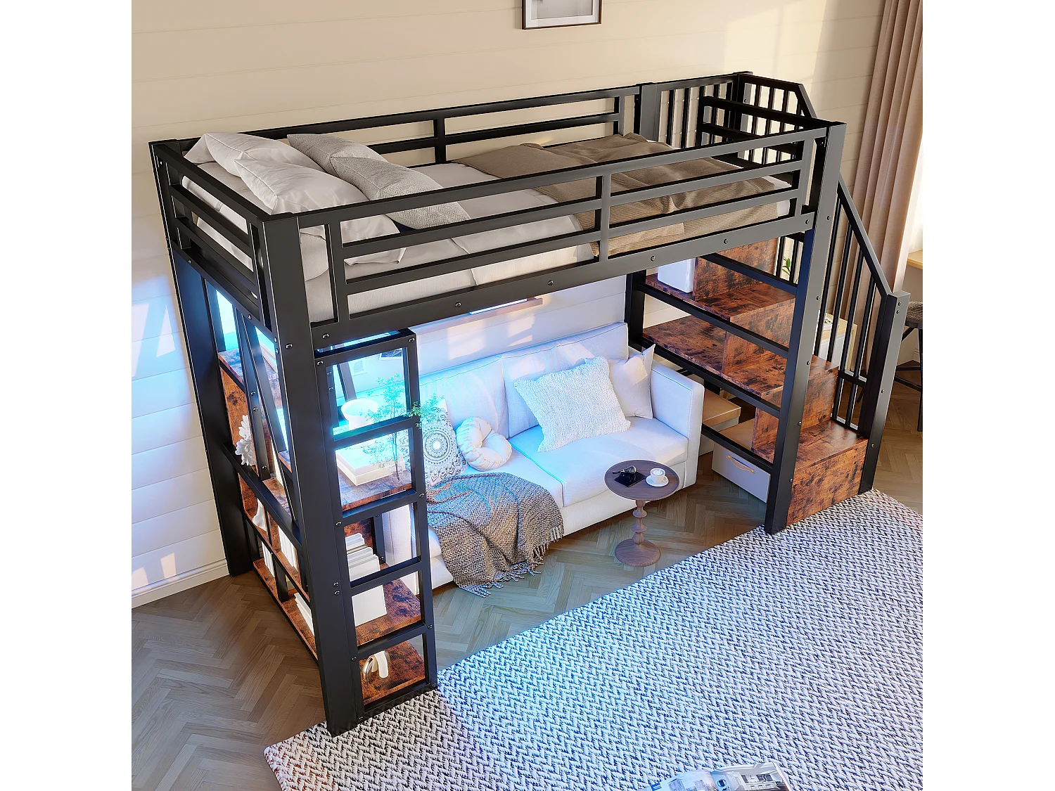 Lit mezzanine enfant - 90 x 200 cm - structure en fer - avec escalier et étagère de rangement + Leds - MDF + métal - noir