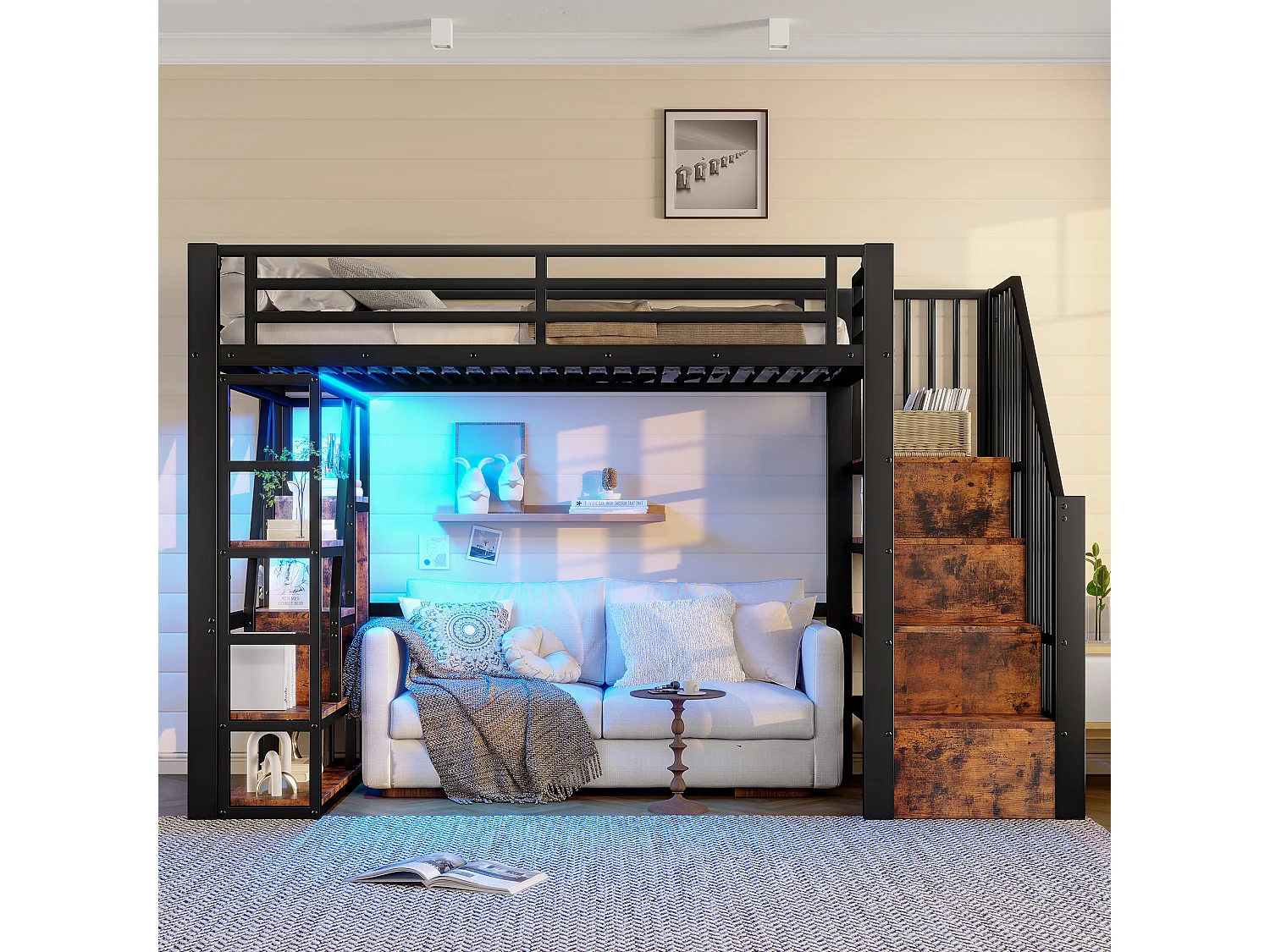 Lit mezzanine enfant - 90 x 200 cm - structure en fer - avec escalier et étagère de rangement + Leds - MDF + métal - noir