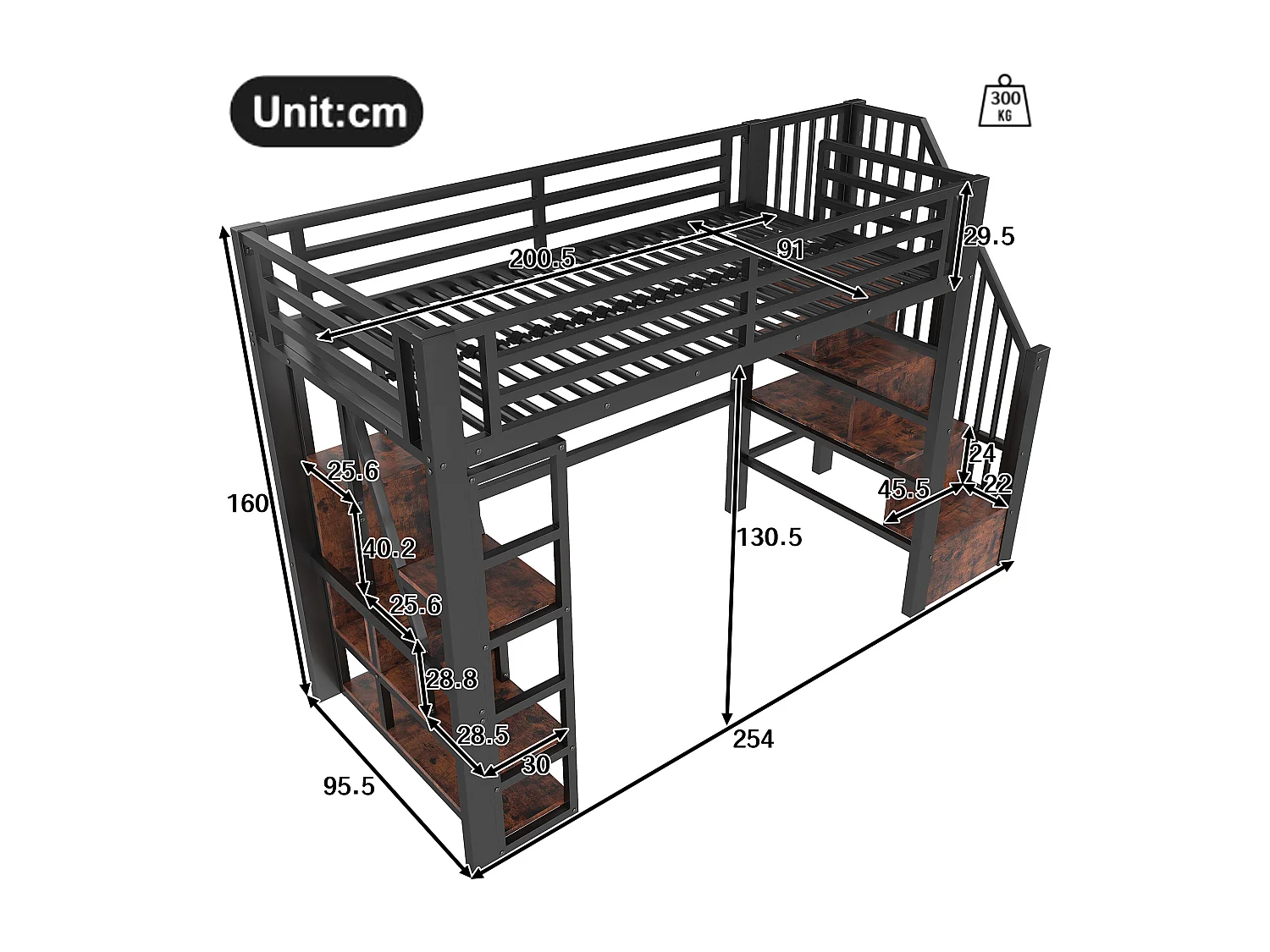 Lit mezzanine enfant - 90 x 200 cm - structure en fer - avec escalier et étagère de rangement + Leds - MDF + métal - noir