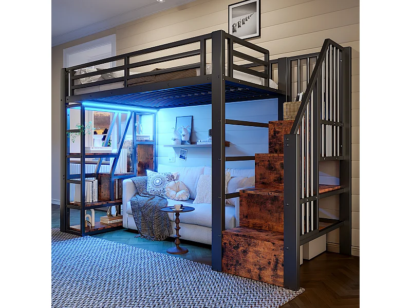 Lit mezzanine enfant - 90 x 200 cm - structure en fer - avec escalier et étagère de rangement + Leds - MDF + métal - noir